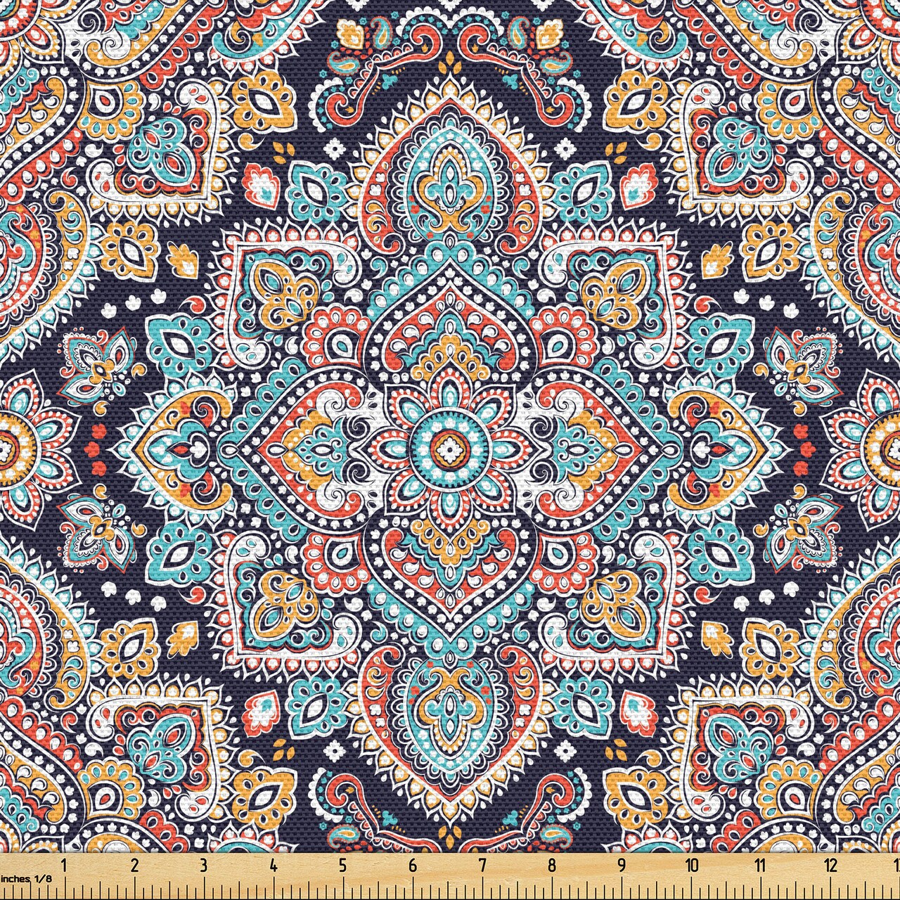 Ambesonne Ethnic Fabric by The Yard, Bohemian Style Motif Vintage Oriental Inspired Traditional Art, Decorative Fabric for Upholstery and Home Accents, 3 Yards, Navy Teal